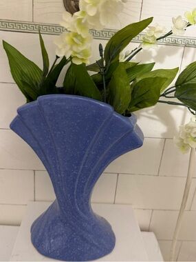Vintage Blue Decorative Ceramic Fan Vase - Home Accents